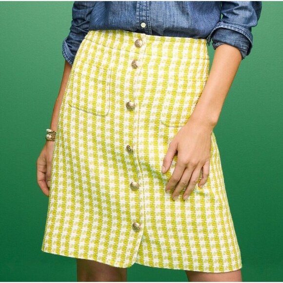 TALBOTS Stride Tweed Button Front A-line Plaid Skirt Yellow White Womens Sz 14 - Picture 1 of 11